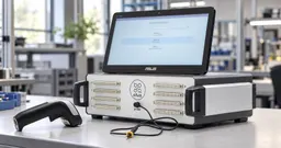ELVA cable tester with eight connector rows, ASUS touchscreen, barcode scanner and probe on an inspection workbench