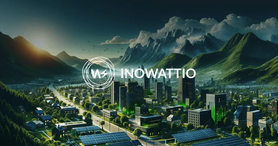 Inowattio logo over a green valley town with solar rooftops and mountains at dusk
