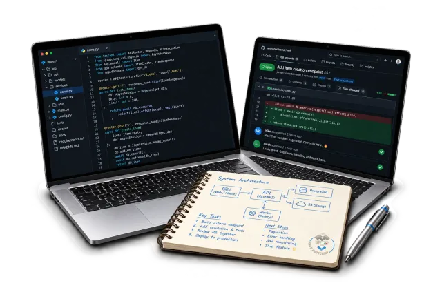 Two laptops displaying code and code review beside a shared architecture notebook with a discreet Nerds Bootcamp logo